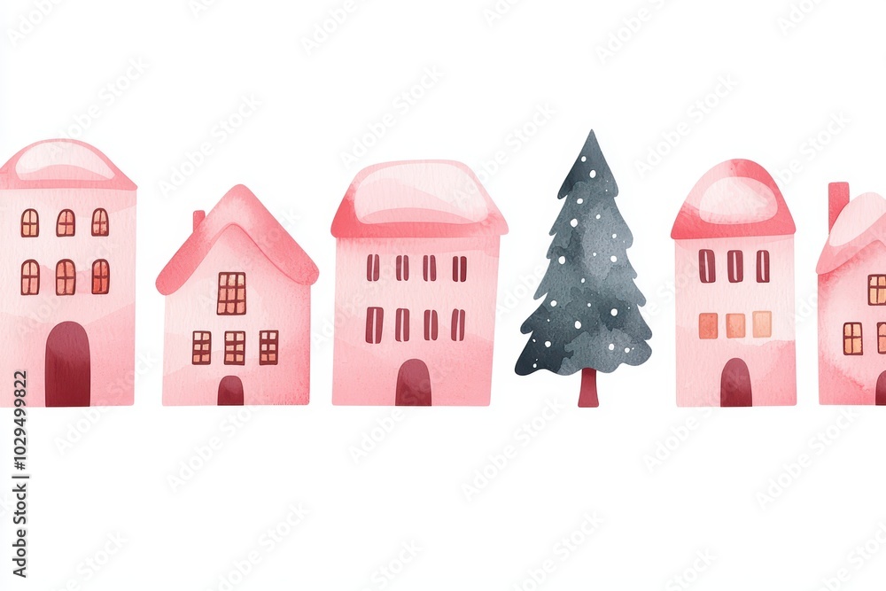 Charming watercolor illustration of cozy pink houses and a snow-covered tree on a white background. Charming watercolor illustration of cozy pink houses and a snow-covered tree on a white background.
