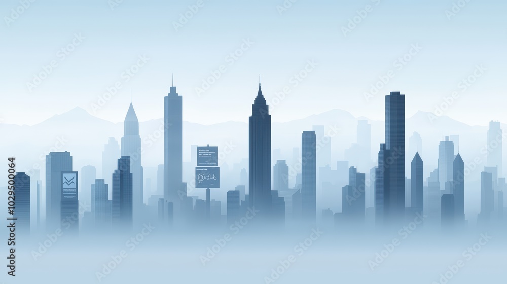 Naklejka premium City skyline silhouette with misty blue background, capturing urban beauty in a serene atmosphere.