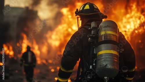 Firefighter with an air tank, standing in front of a burning building. A team of firefighters is battling a massive inferno in an urban setting. The close-up shot features dramatic lighting 