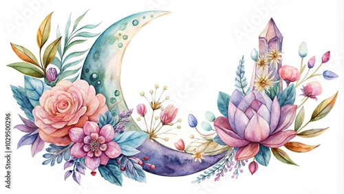 Fototapeta Naklejka Na Ścianę i Meble -  Watercolor fairytale illustration of moon crescent surrounded by crystals and flowers on white background.