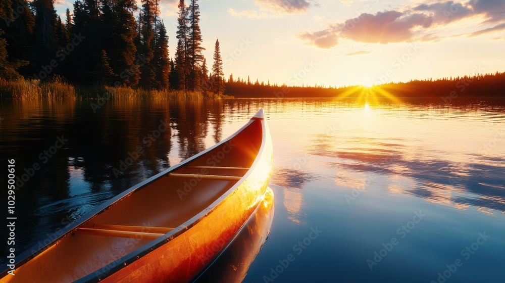 Fototapeta premium Serene Canoe at Sunset in Tranquil Lake