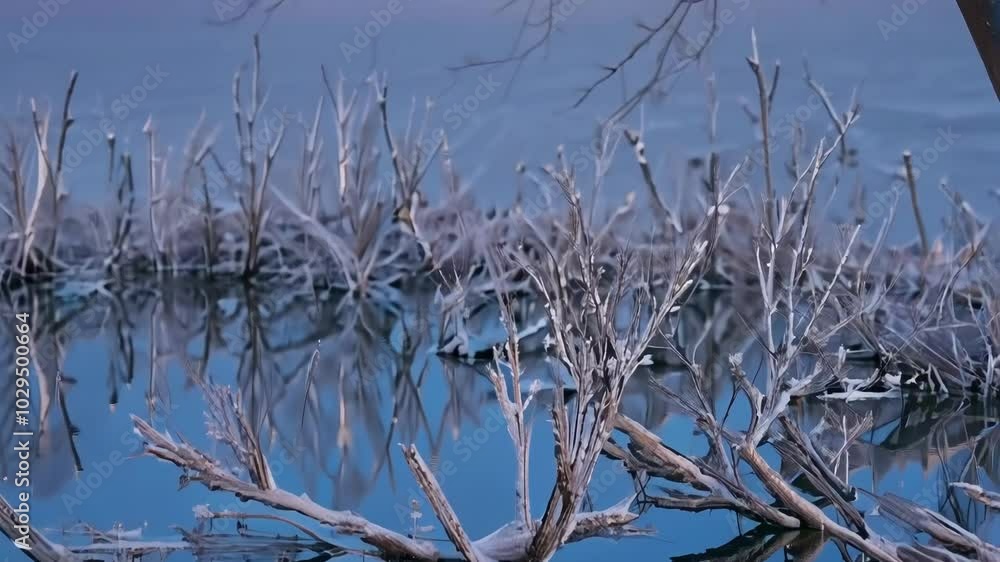 Snow covered branches peacefully lay in icy water, creating beautiful reflections. The serene winter landscape is cold, with frost covered branches Snow covered branches peacefully lay in icy water, creating beautiful reflections. The serene winter landscape is cold, with frost covered branches