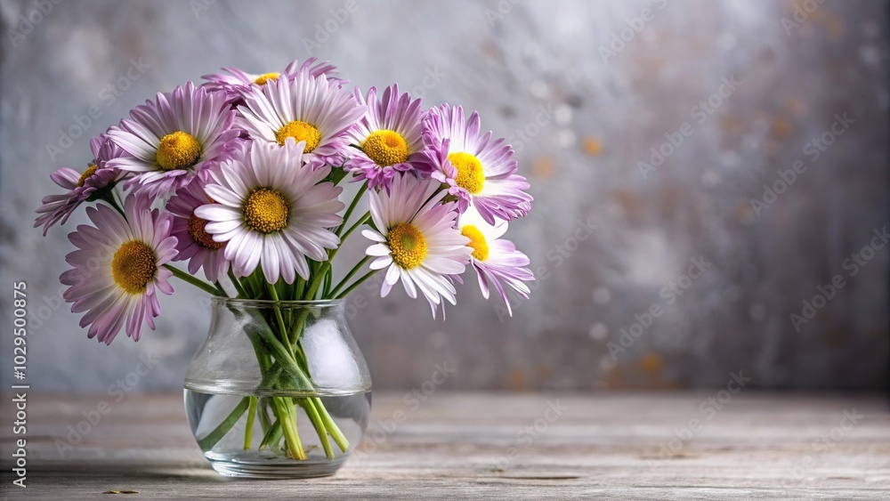 Purple and white daisies in a small delicate vase Medium Shot Purple and white daisies in a small delicate vase Medium Shot