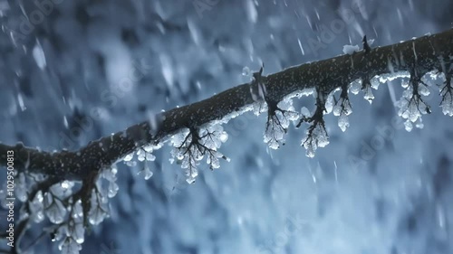 Snow covered branch sparkles with delicate ice crystals under gentle snowfall on a chilly winter day, capturing the serene beauty of nature in wintertime