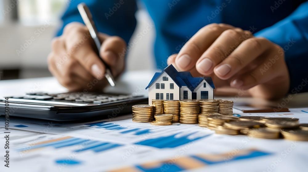 Real Estate concept, Agent to present the property .price for loan investment chart graph documents and calculating table payment to customer. Real Estate concept, Agent to present the property .price for loan investment chart graph documents and calculating table payment to customer.