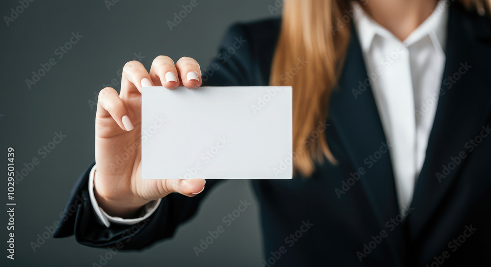 Closeup of businesswoman holding blank white business card. Closeup of businesswoman holding blank white business card.