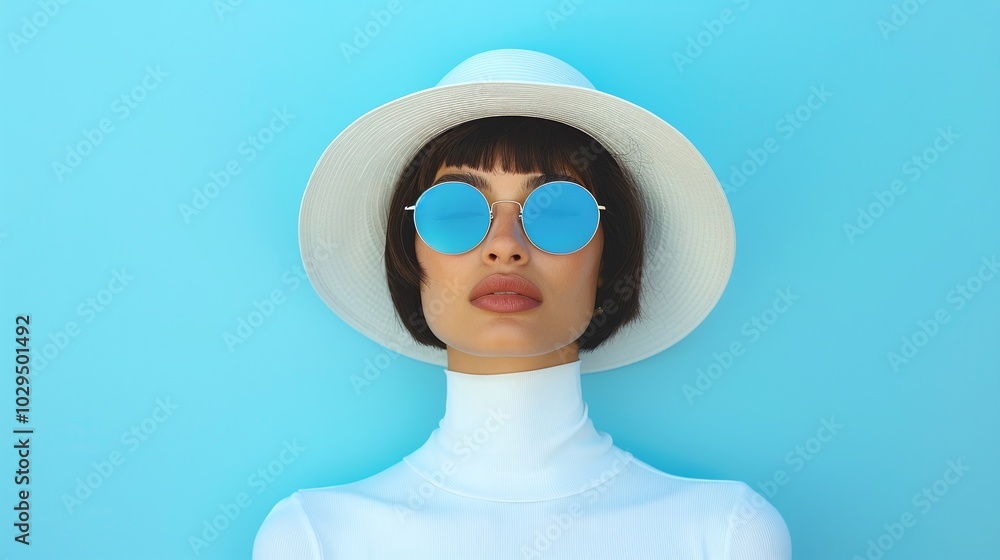 Modern portrait of a woman wearing white hat, sunglasses with blue-tinted lenses, and white turtleneck, set against a bright blue background, creating a bold, stylish, minimalistic look. Modern portrait of a woman wearing white hat, sunglasses with blue-tinted lenses, and white turtleneck, set against a bright blue background, creating a bold, stylish, minimalistic look.