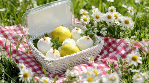 Jarra de vidrio con té helado, adornada con rodajas de limón y hojas de menta, presentada sobre una mesa de picnic. Ideal para evocar bebidas refrescantes en días calu

 photo