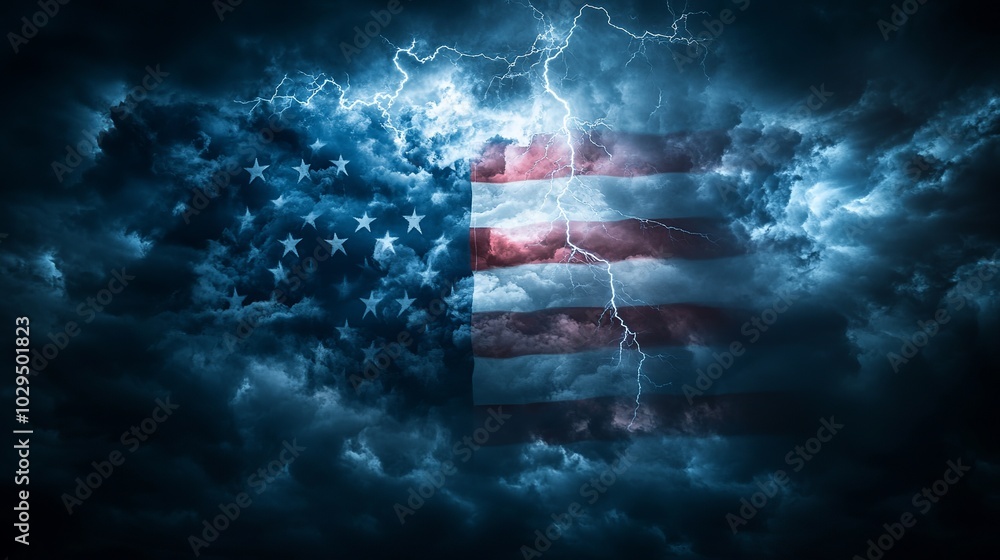 American flag with lightning in stormy sky American flag with lightning in stormy sky