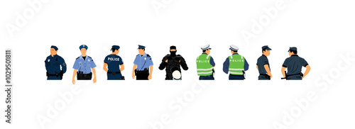 Policeman officer on duty vector illustration isolated. Police man in uniform patrol street. Security service member protect people. Law and order. Traffic police crew unit. Detective observe.