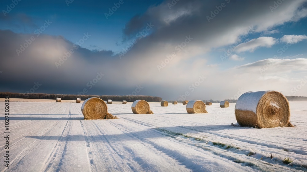 A rural winter landscape featuring numerous hay bales spread across a snow-covered field. The neutral colors of the winter landscape blend with the golden hue of the hay, providing a simple and serene A rural winter landscape featuring numerous hay bales spread across a snow-covered field. The neutral colors of the winter landscape blend with the golden hue of the hay, providing a simple and serene