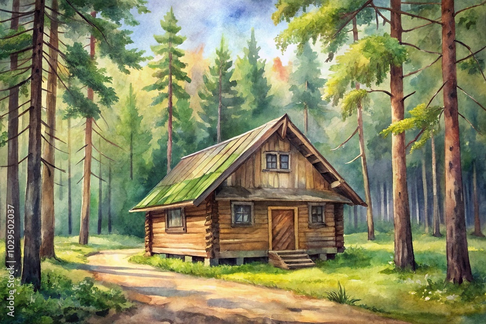 watercolor painting of a silhouette wooden house in the forest watercolor painting of a silhouette wooden house in the forest