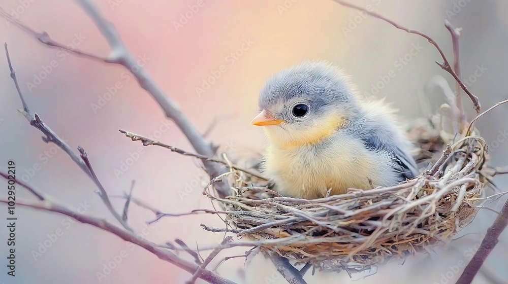 Blue-yellow bird nesting on tree branch with blurred backdrop Blue-yellow bird nesting on tree branch with blurred backdrop