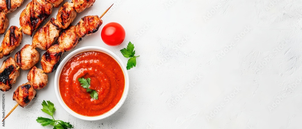 Grilled chicken skewers served with tomato sauce and fresh ingredients on a white background. Grilled chicken skewers served with tomato sauce and fresh ingredients on a white background.