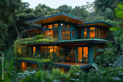 A stunning modern eco-house nestled in vibrant greenery, showcasing sustainable design harmonizing with nature's tranquility photo