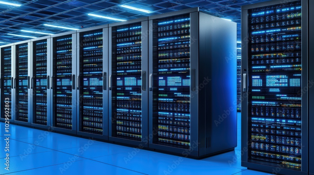 High-tech data center with numerous server racks illuminated by blue lighting. High-tech data center with numerous server racks illuminated by blue lighting.