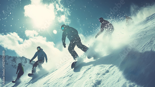 A group of snowboarders racing down a mountain with powder flying up behind them and the sun shining overhead.