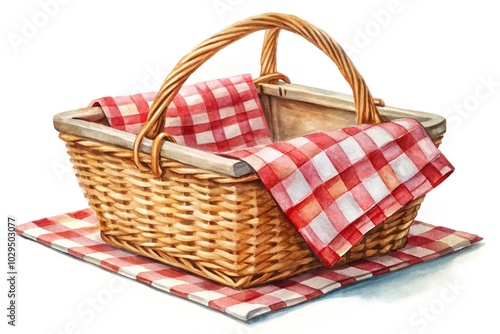 watercolor picnic basket illustration on white background