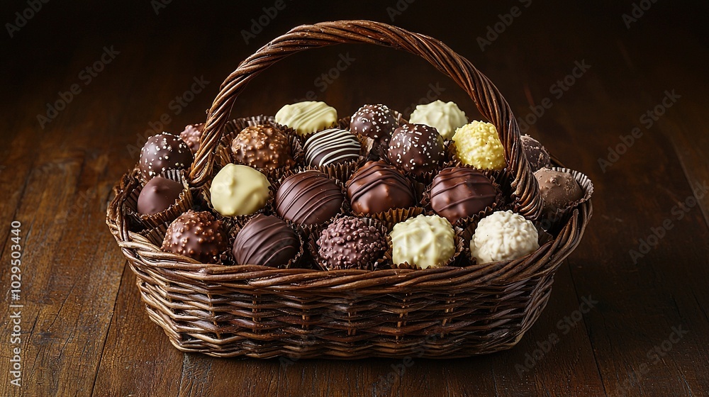 A wicker basket filled with various chocolates rests atop a wooden table near a wine bottle A wicker basket filled with various chocolates rests atop a wooden table near a wine bottle