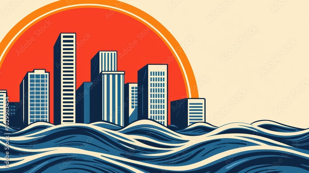 Modern skyline silhouette against vibrant sunset with ocean waves in the foreground. Modern skyline silhouette against vibrant sunset with ocean waves in the foreground.