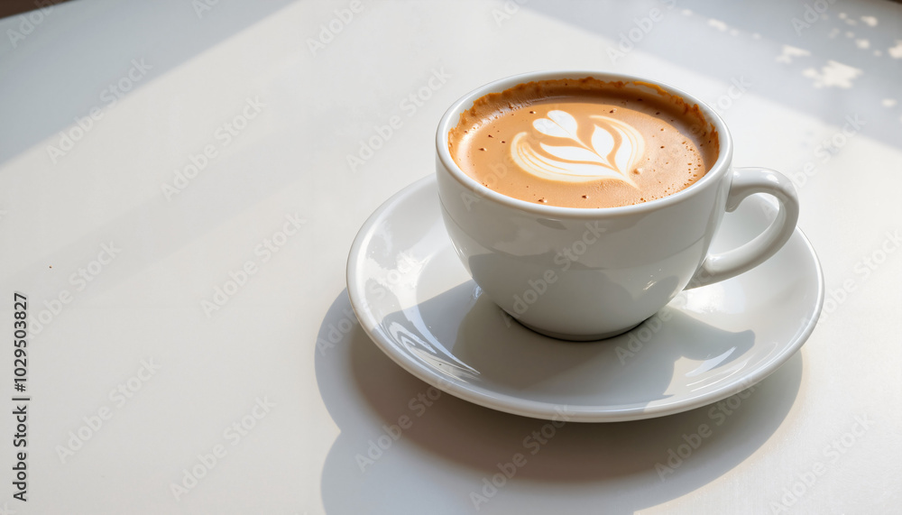 Espresso macchiato with leaf-shaped foam art, bright and cozy setting in a white cup on a light saucer Espresso macchiato with leaf-shaped foam art, bright and cozy setting in a white cup on a light saucer