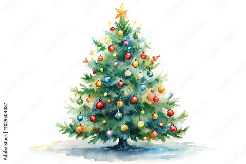 Fototapeta premium watercolour painting of Christmas tree on white background from low angle view