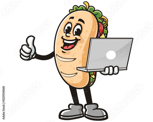 Sub Sandwich with Laptop, Cartoon Mascot Illustration Character Vector Clip-art Hand-drawn Logo Design