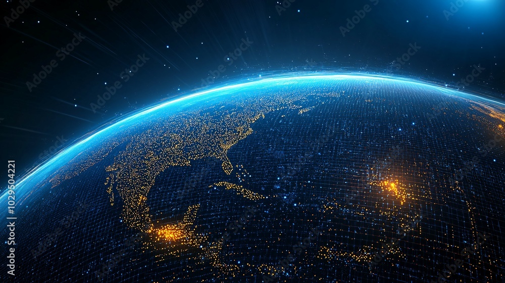 Fototapeta premium A Digital Representation of Earth with City Lights and a Grid Pattern