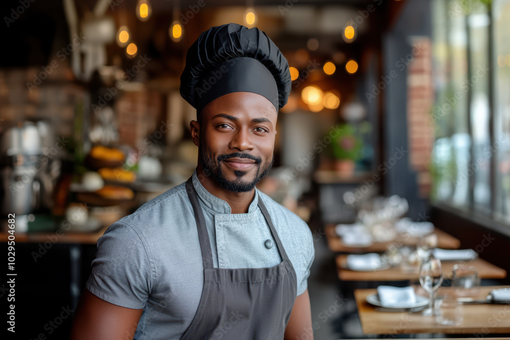 Portrait of an African American chef standing in a restaurant, wearing a grey uniform and a black hat with a green band. Portrait of an African American chef standing in a restaurant, wearing a grey uniform and a black hat with a green band.