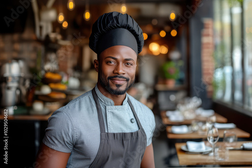 Portrait of an African American chef standing in a restaurant, wearing a grey uniform and a black hat with a green band.