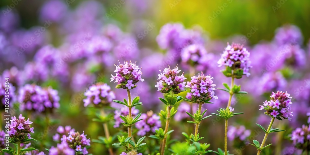 purple small thyme flowers on delicate stems in a forest clearing high angle view purple small thyme flowers on delicate stems in a forest clearing high angle view