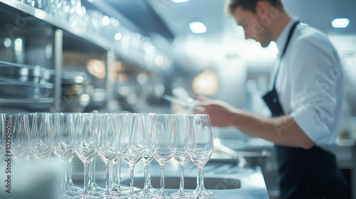 Glass washer concentrating while inspecting cleaned champagne flutes under bright kitchen lights photo