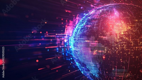 Abstract Digital Globe with Red and Blue Lights and Streaks