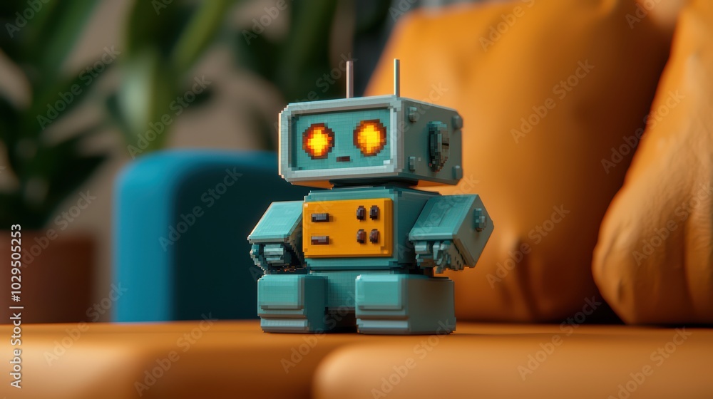 Fototapeta premium Vibrant toy robot with glowing eyes on a colorful couch, showcasing modern design and playful aesthetics.