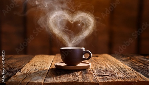 A close-up of a steaming coffee cup with heart-shaped steam, centered on an aged wooden tabl 