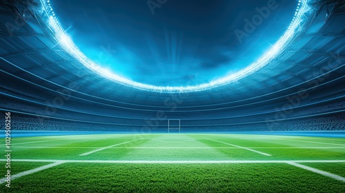 Vibrant stadium field with bright lights and a lush green pitch, perfect for sporting events and competitions.