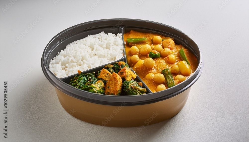 A container filled with chickpea and spinach curry, brown rice, and a side of roasted vegeta A container filled with chickpea and spinach curry, brown rice, and a side of roasted vegeta