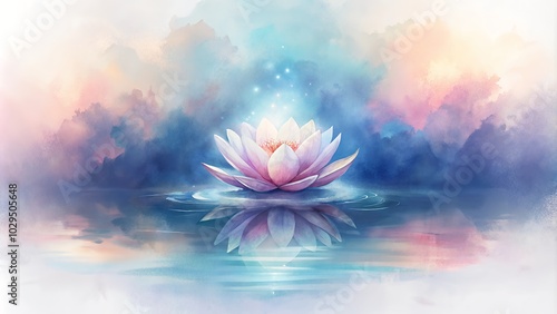 Soft watercolor lotus flower floating on serene water