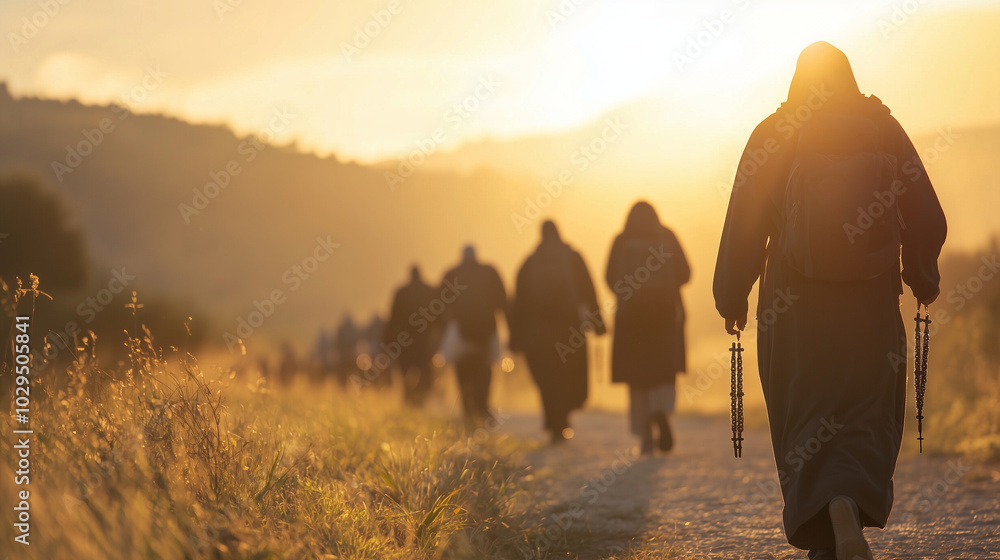 Group of pilgrims holding rosaries, walking along a scenic pilgrimage route under the sun photo Group of pilgrims holding rosaries, walking along a scenic pilgrimage route under the sun photo
