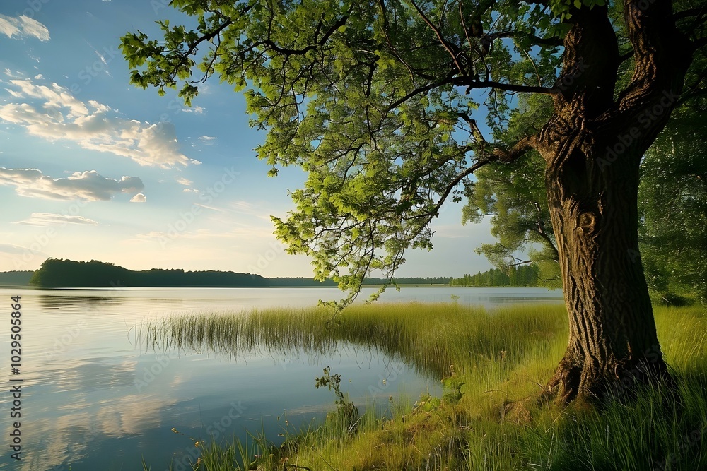 Obraz premium Tranquil lakeside landscape with a large tree and calm water