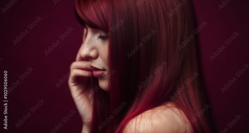Portrait of a serene woman with vibrant red hair and a calm expression, conveying introspective and peaceful emotions. The rich colors enhance the mood of contemplation and elegance.
Portrait of a serene woman with vibrant red hair and a calm expression, conveying introspective and peaceful emotions. The rich colors enhance the mood of contemplation and elegance.
