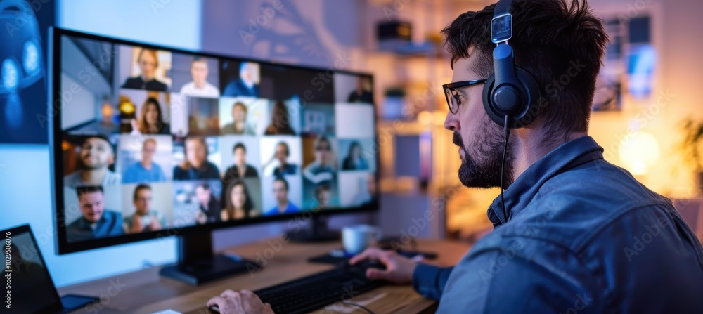 Virtual meeting with teacher: male student learning remotely, taking notes Virtual meeting with teacher: male student learning remotely, taking notes
