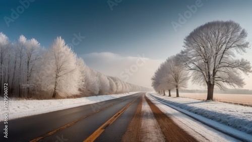 A rural road in winter flanked by snow-dusted trees, disappearing into the misty horizon. The stillness and serenity of the scene evoke a sense of calm and isolation in the countryside