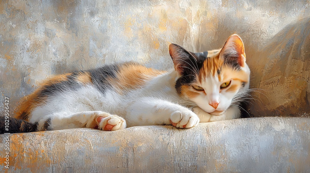 Close-up of a cat lounging on a couch with its head atop a cushion arm Close-up of a cat lounging on a couch with its head atop a cushion arm
