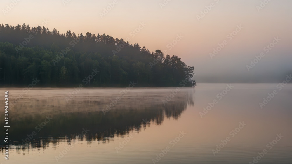 Fototapeta premium Soft morning fog hovering over a tranquil lake, reflecting the silhouette of distant trees. This peaceful scene blends the stillness of water with the mystique of fog in a natural, quiet setting