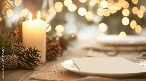 Festive holiday table setting adorned with pinecones, candles, and a seasonal centerpiece, with a blank area for advertisement photo