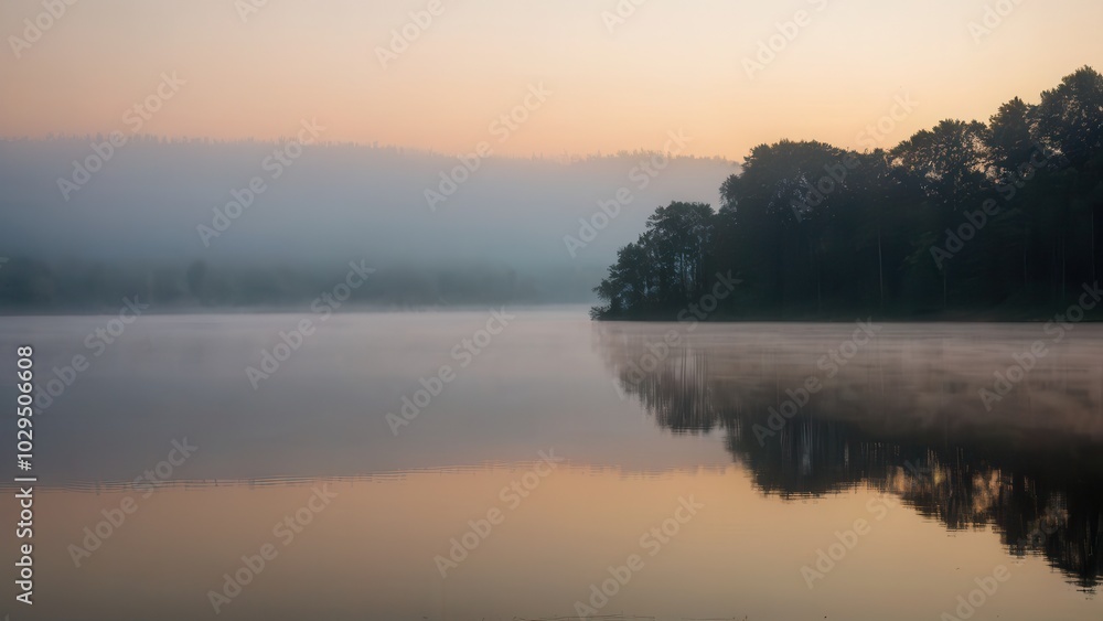 Soft morning fog hovering over a tranquil lake, reflecting the silhouette of distant trees. This peaceful scene blends the stillness of water with the mystique of fog in a natural, quiet setting Soft morning fog hovering over a tranquil lake, reflecting the silhouette of distant trees. This peaceful scene blends the stillness of water with the mystique of fog in a natural, quiet setting