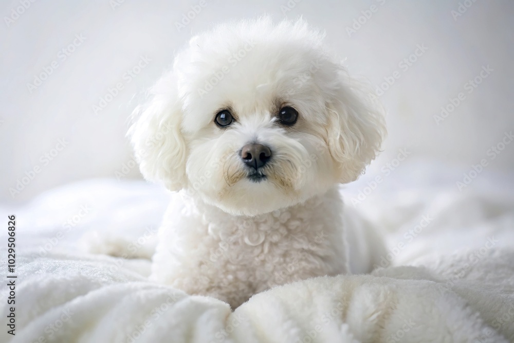 White Bichon Frise dog laying on bed with white comforter White Bichon Frise dog laying on bed with white comforter