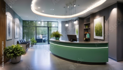  A grey and green reception desk in a modern doctor's office, with a stylish pendant light ha 