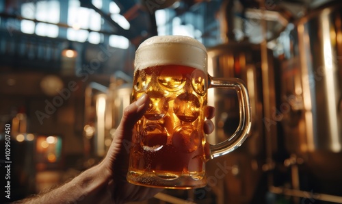 Hand holding a frothy beer mug against a backdrop of a brewery, craft brew tasting 4K hyperrealistic photo.